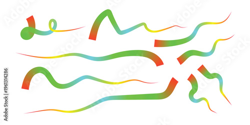 diverse collection of gradient-filled wavy lines and abstract shapes, showcasing smooth color transitions from red to green to blue.