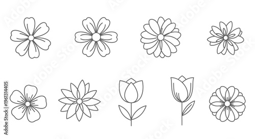 Collection of Simple Outline Flower Icons on Isolated White Background