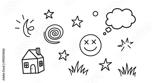 Hand-drawn doodle collection with house, stars, happy face and grass on an isolated white background.
