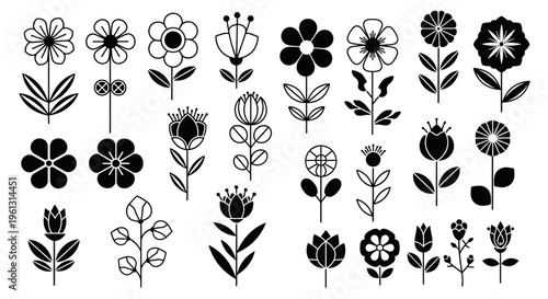 Extensive Collection of Black Solid Flower Icons on Isolated White Background