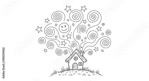 Expansive Happy Doodle House with Swirling Thought Cloud, Stars, and Smiley Face on Grassy Hill, Isolated White Background