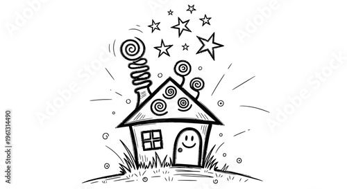 Glowing Happy Doodle House with Winding Smoke and Stars on Grassy Ground, Isolated White Background