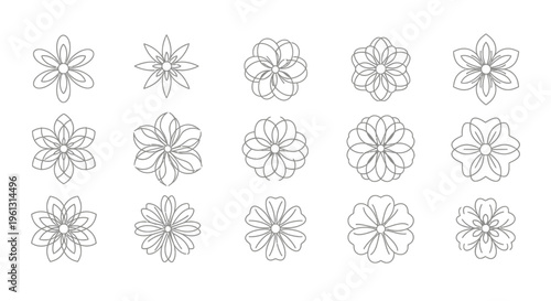 Intricate Geometric Outline Flower Icons Set on Isolated White Background