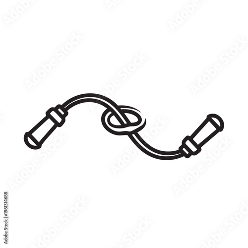 A black line drawing of a tied skipping rope on a white background clearly shows fitness equipment.