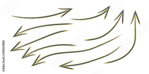 Curved rainbow arrows set on transparent background for direction signs or navigation elements with artistic brushstroke texture and vibrant colors for creative infographics and web icons.