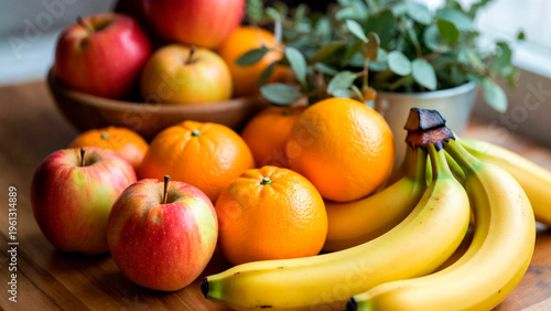 Prato com frutas frescas e coloridas sobre mesa de madeira, incluindo abacaxi cortado, bananas, maçãs vermelhas e laranjas inteiras e em fatias. Composição natural com iluminação suave e fundo desfoca