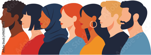 Diverse People Side Profile Multicultural Society Inclusivity Flat Vector Illustration.