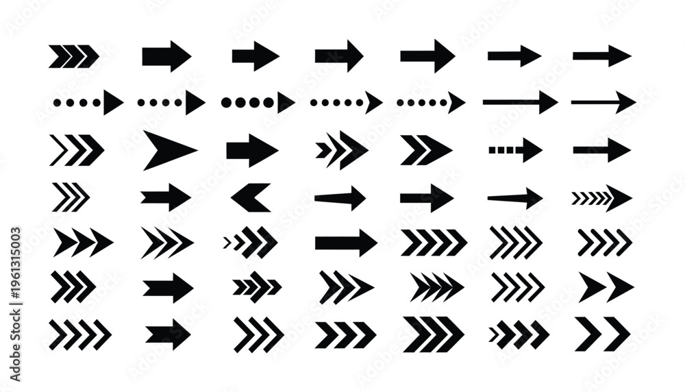 Fototapeta premium Large collection of black arrow icons in various styles, including solid, dotted, and chevron patterns, representing diverse directions and movements for design use.