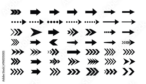 Large collection of black arrow icons in various styles, including solid, dotted, and chevron patterns, representing diverse directions and movements for design use.