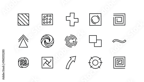 modern minimalist set of simple line art icons and symbols on white background clean geometric shapes for technology and design applications abstract graphic elements.