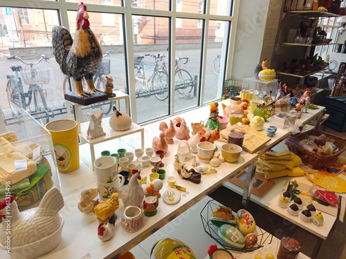 Various Easter-themed sculptures and decorations displayed on a shop counter ahead of the holiday season