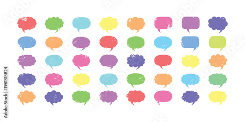 Speech bubble collection with colorful pastel tones and distressed grunge texture for comic books and social media communication including various cloud shapes and message boxes for text.