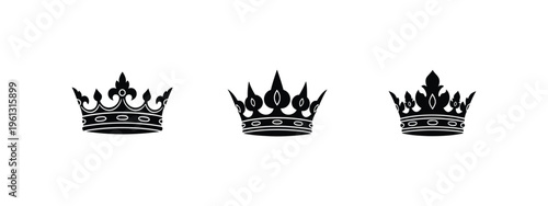Three distinct black crown icons, each with unique intricate designs and regal embellishments, representing royalty, success, and power in a minimalist style.
