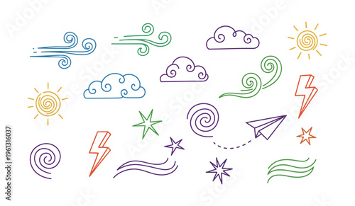 Weather and natural phenomena doodle set including wind, clouds, sun, lightning, stars, and swirls, plus a paper airplane, representing various elements of nature.