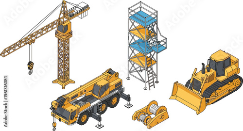 Isometric construction equipment set including yellow tower crane, mobile truck crane, heavy crawler bulldozer, scaffolding tower, and winch hoist isolated on white background