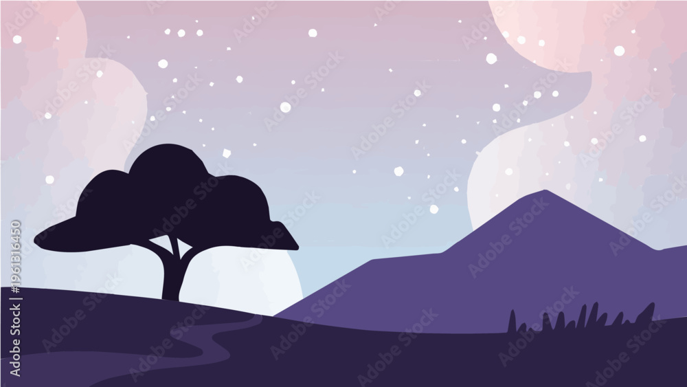 Obraz premium Dreamy night landscape vector illustration with tree mountains stars and purple pink sky
