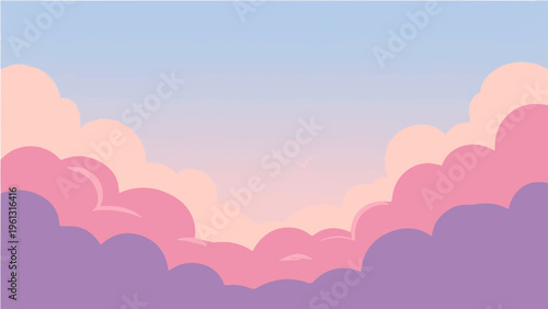 Colorful dreamy vector sky illustration with pink purple clouds and soft gradient background