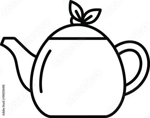 Line art tea pot with leaf design simple black and white illustration