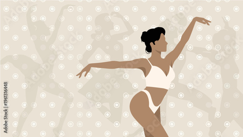 Vector silhouette illustration of graceful female dancer performing with abstract background elements
