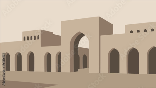 Ancient historical building with arches vector illustration in beige neutral architectural style
