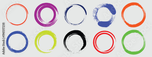 Colorful brush stroke circle frames set. Abstract grunge round borders, hand drawn paint texture rings and zen enso circles for logo design and social media.