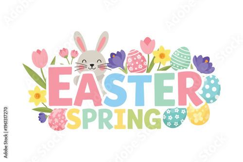 Easter spring floral bunny holiday greeting with colorful flowers and eggs