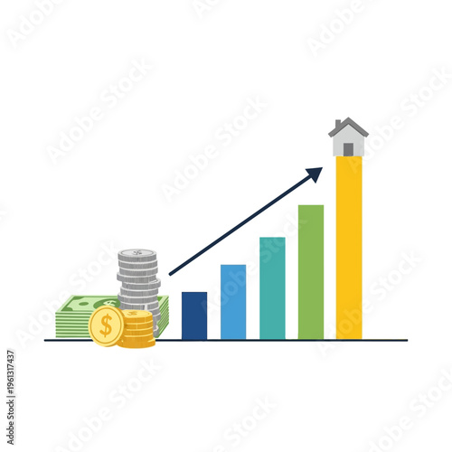 Real estate investment growth chart with house on top bar, money and coins