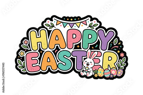 Colorful easter greeting with bunny and eggs