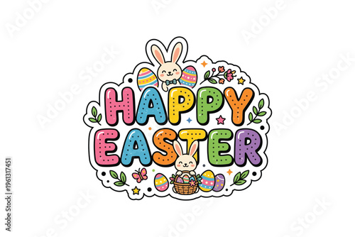 Colorful easter greeting with cartoon bunny and decorations