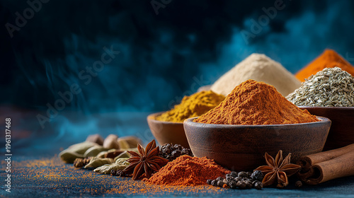 Spices in wooden bowls on dark background