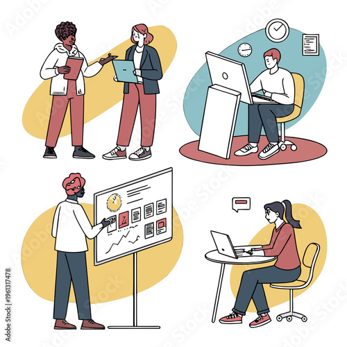 man and woman in the office. People vector illustrations in various activities of business, marketing, creative process, graphic and web design, social media, content management.