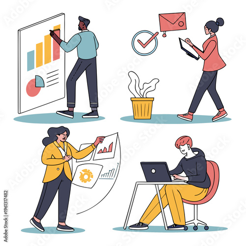 business man with laptop and graph. People vector illustrations in various activities of business, marketing, creative process, graphic and web design, social media, content management.