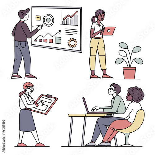 man and woman. People vector illustrations in various activities of business, marketing, creative process, graphic and web design, social media, content management.