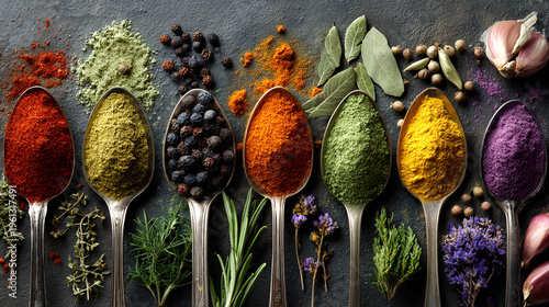 Spices and herbs in vintage spoons