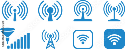 wireless communication and signal icon set, minimalist wifi and network symbols in clean line art design, representing connectivity, internet, and digital communication for logo branding, app interfac