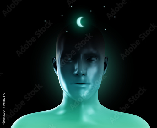 Surreal digital portrait of dark human bust with glowing crescent moon and stars above head, set against black background, symbolizing dreams, subconsciousness, and mystery of night. 