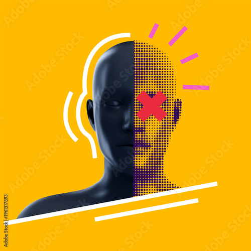 Modern conceptual vector illustration of dark human bust on a yellow background, featuring halftone patterns, red cross over eye, and headphone icons, representing themes of censorship, sound