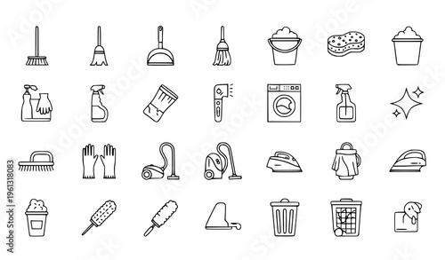 Collection of 25 line icons related to cleaning and household chores