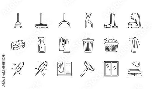 Collection of 20 black line icons for cleaning and household chores