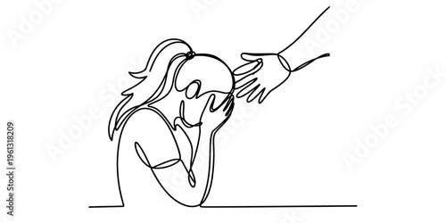 Continuous line drawing of a sad young woman crying with a hand reaching out to comfort her