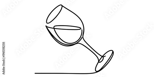 Minimalist continuous line drawing of a tilted wine glass on a white background