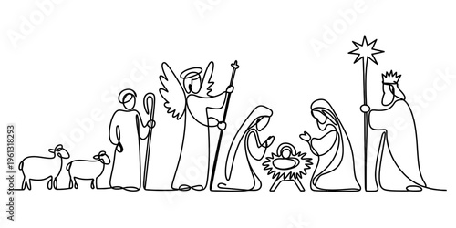 Continuous line drawing of a nativity scene featuring baby jesus mary joseph an angel and kings.