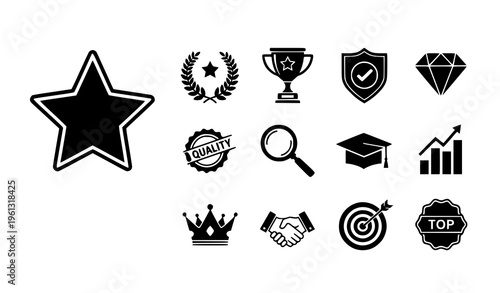 Collection of achievement and quality icons in black and white