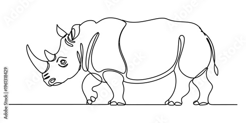 Minimalist one line art illustration of a wild rhinoceros animal isolated on white background.