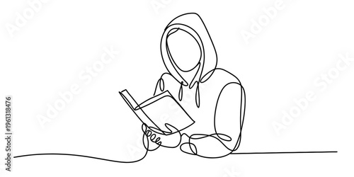 Continuous line drawing of a person wearing a hoodie and reading a book on white background