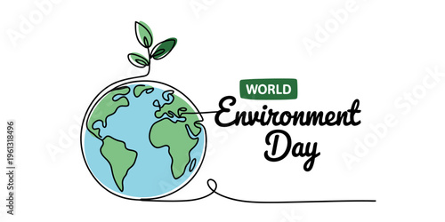 World environment day banner with a continuous line drawing of the earth and a green sprout.