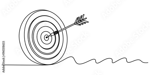 Continuous line drawing of an arrow hitting the bullseye of a target, symbol of success.