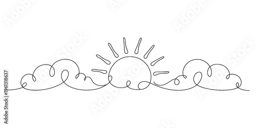 Continuous line drawing of a sun rising or setting behind fluffy clouds on a white background.