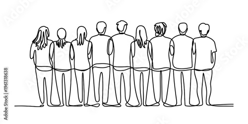 Continuous one line drawing of a group of diverse people standing together in unity and friendship.
