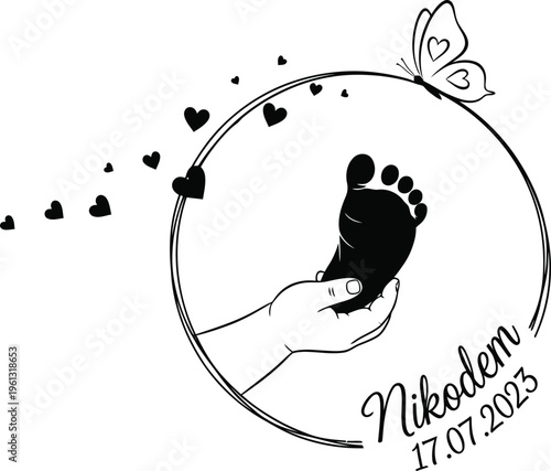 A minimalist vector graphic illustration of a baby's foot in a hand with hearts and a butterfly